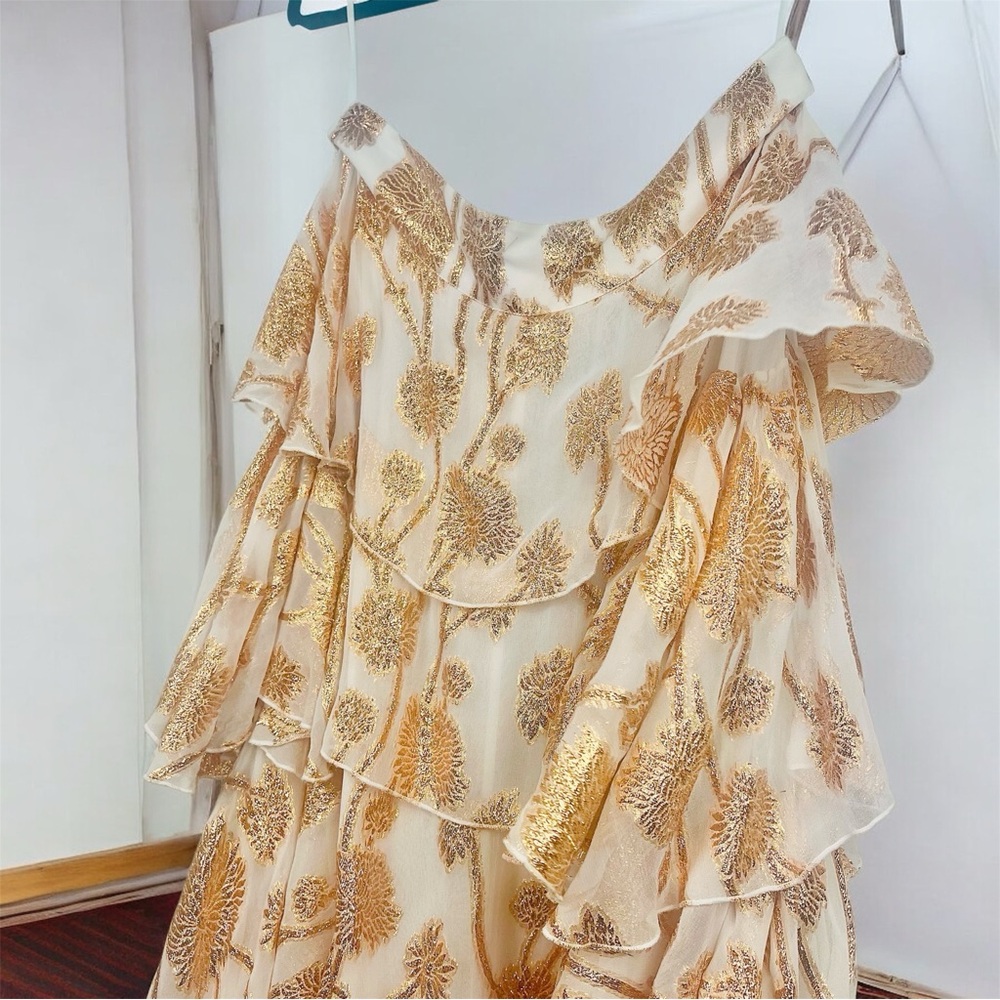 Alexandra Miro Cordelia Tiered Ruffle Maxi Skirt Gold Metallic Floral Large L - Picture 4 of 14